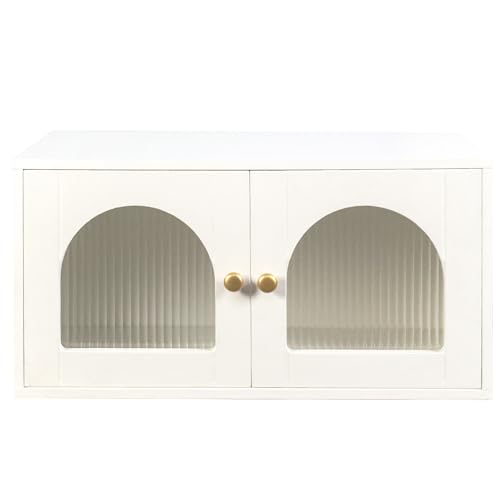 White Wall Mounted Cabinet, Glass Door Floating Bathroom Kitchen Organizer | Heavy-duty premium tempered glass panelling、Fixed internal shelves for wobble-free stability