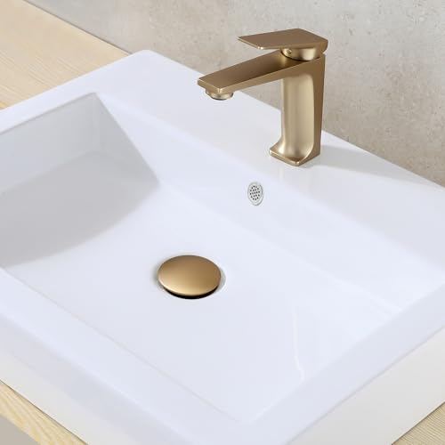 JONKEAN Brushed Gold Pop Up Drain Without Overflow for Bathroom Sink | Built-in Anti-Clogging Strainer, Brass and 304 Stainless Steel for 1.6"-1.9" Sink Hole, Sink Stopper Hair Catcher - size: With Overflow