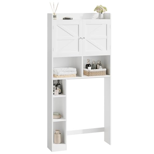 Over the Toilet Storage Cabinet, 66.92”H 7-Tier Bathroom Organizer Rack | Toilet Shelf with Side Cabinet and 2 Farmhouse Barn Doors,Freestanding Space Saver for Bathroom, Laundry, White