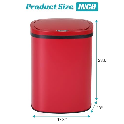 Dkeli 13 Gallon Kitchen Trash Can Garbage Can Waste Bin with Lid Automatic Touchless Stainless Steel Durable Trash Can for Home Office Living Room Bedroom, 50 Liter, Red - color: Red, size: 17 x 13 x 23 inches