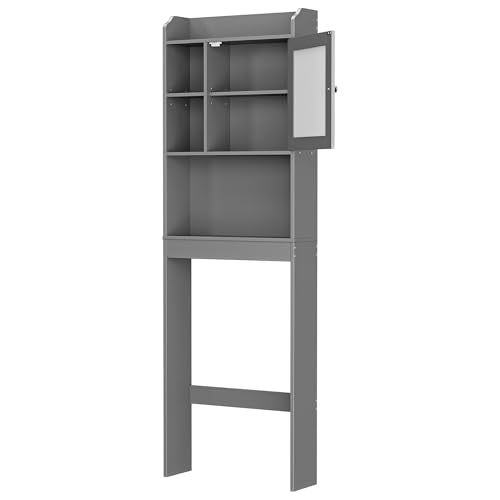 SUPER DEAL Over The Toilet Bathroom Storage Cabinet Freestanding Wooden Bathroom Organizer with Adjustable Shelves and Glass Door, Gray - color: Grey
