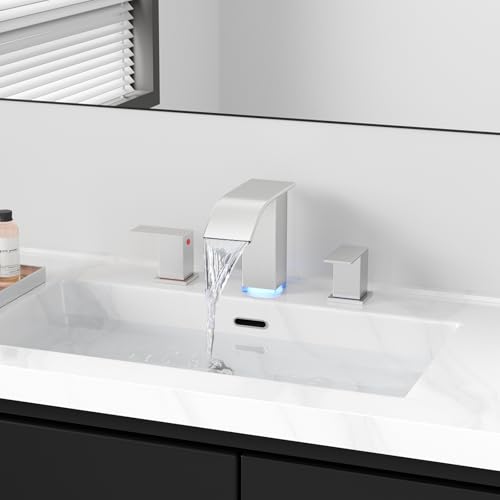 RUMOSE LED Bathroom Faucets Set 3 Hole Vanity Faucet with Pop Up Drain | Brushed Nickel Bathroom Sink Faucet, Widespread Waterfall, 3 Colors Light Changing, Stainless Steel, Deck Mounted - color: Brushed Nickel