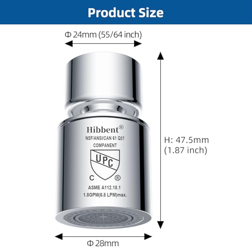 Hibbent NSF/ANSI/CAN 61 Certified Faucet Aerator, CUPC Certification 360° Swivel Kitchen Sink Aerator, Dual-function Sprayer Faucet Head, Faucet Replacement Part 55/64 Inch Female Thread - Chrome - color: Chrome