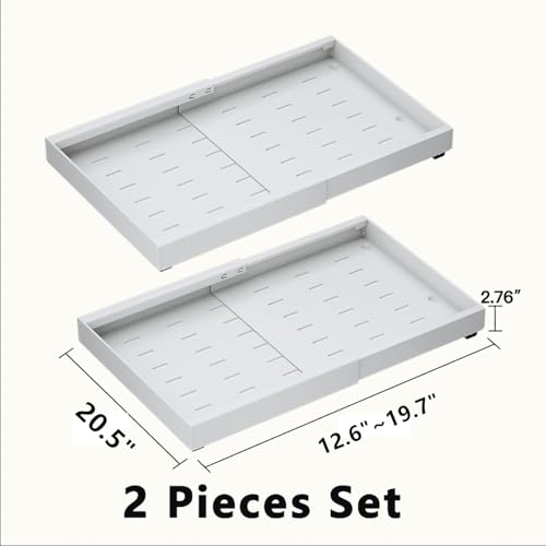 2PCS Expandable Pull Out Cabinet Organizer pots and pans organizer under cabinet Upgrade 3 Slide Rails Slide Out Drawers Roll Out Shelves Adhesive (white, (2pcs) 20.5“D*12.6"~19.7" W*2.76H) - size: (2pcs)20.5“D*12.6"~19.7"W*2.76H