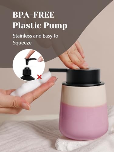 INGOFIN Ceramic Foaming Soap Dispenser - 12oz Foam Hand Soap Dispenser Bathroom, Refillable Modern Dish Dispenser with Pump for Kitchen, Beige and Pink - color: Beige and Pink