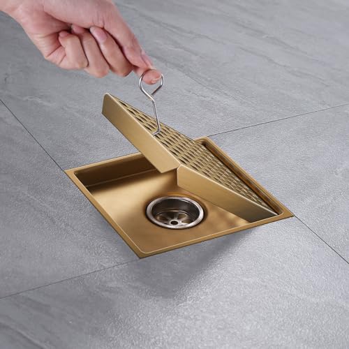 Shower Drain, Brushed Gold 6 inch Shower Floor Square Drain with Flange, Removeable Grid Panel SUS 304 Stainless Steel Square Shower Drain - color: Brushed Gold, size: 6 inch