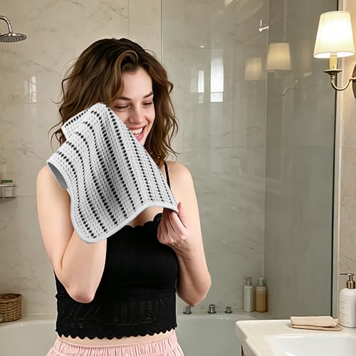 POLYTE 430 GSM Microfiber Lint Free Washcloth Face Towel, 13 x 13 in, 4 Pack (Waffle Weave) - color: Light Gray/Black