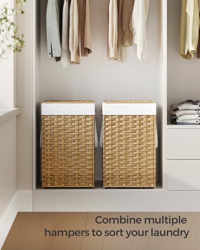 SONGMICS Laundry Hamper with Lid, 17.2 Gallon (65 L) Synthetic Rattan Clothes Laundry Basket with Lid and Handles, Foldable, Removable Liner, Goose Yellow ULCB165N01 - color: Goose Yellow, size: 65 L