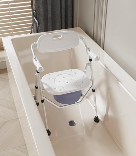VOCIC Folding Shower Chair for Inside Shower, Lab-Tested 300lbs Heavy Duty Shower Seat for Elderly & Disabled, Flip-Up Arms, Cutout Seat, Height Adjustable Back & Legs, Portable Shower Commode Chair