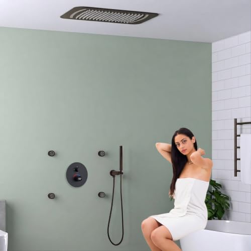 16x26" Rainfall Full Body Digital Shower System with LED Light Remote | Matte Black Luxury Temperature Display Shower Faucet Set with 4 Body Jets & Dual Function Handheld Shower - color: Matte Black, style: 16x26"+4 jets