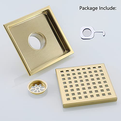 6 Inch Square Shower Floor Drain with Removable Cover Grid Grate,SUS304 Stainless Steel Brushed Gold Brass Finished,98738BG6. - color: Brushed Gold