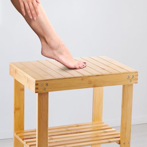 VaeFae Bamboo Shower Bench, Spa Bench Seat Stool, Foot Rest Shaving Stool with Non-Slip Feets and Storage Shelf, Works in Bathroom/Living Room/Bedroom/Garden Leisure - size: Yellow 17.3" x 11" x 16.1"