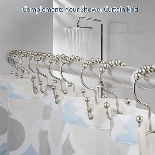 DAWNER Shower Curtain Hooks, Rust Proof Metal Easy Glide Double Rings, Stainless Steel Hangers for Bathroom Curtains, Set of 12, Brushed Nickel - color: Brushed Nickel