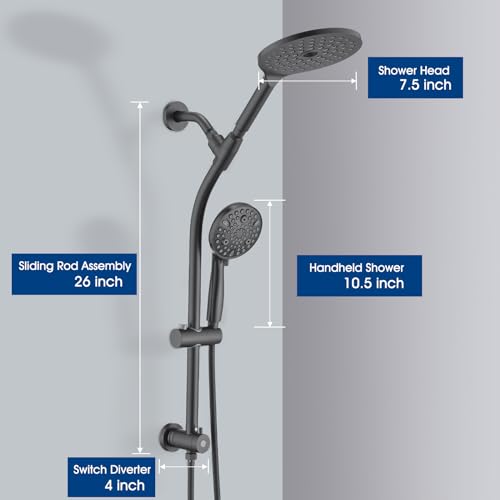High Pressure Shower Head with Handheld Shower, 26" Adjustable Height Drill-Free Slide Bar, 3-Way Diverter for Easy Reach, Dual Shower Head Combo Set with 5ft Hose - Matte Black - color: Matte Black