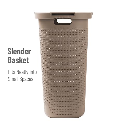 Mind Reader Slim Laundry Hamper with Lid, 60L Tall Clothes Basket, Narrow Tapered Design for Bathrooms, Closets and Laundry Rooms, Plastic, Tan - color: Tan, size: 1 Piece