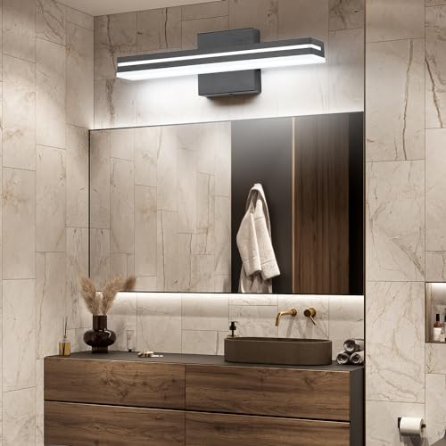 SineRise LED Modern Bathroom Vanity Light Fixtures (16-Inch, 3000K/4000K/6000K, Dimmable), Matte Black Modern Acrylic Bathroom Wall Lighting Fixtures Over Mirror - color: Matte Black, size: 16-Inch