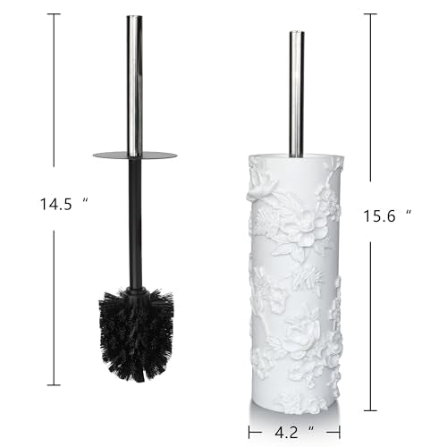 White Floral Branches Design Resin Toilet Bowl Brush and Holder Set, Elegant Bathroom Cleaning Tool with Durable Bristles, Compact and Functional - style: White Branches