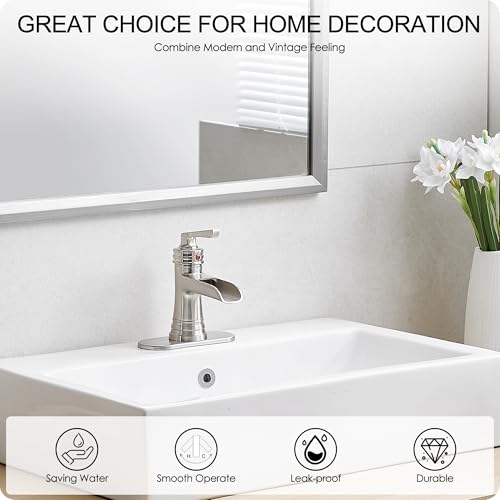 Brass Brushed Nickel Bathroom Faucet 3 Hole 4 Inch Waterfall Bathroom Faucet Single Hole, 1 Handle with Pop-up Drain, Deck Plate, cUPC Supply Pipes for Vanity, Restroom, 5 Mins Quick Install - color: Brushed Nickel