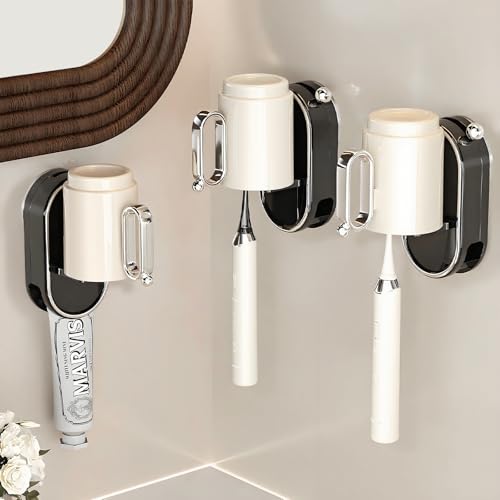 Toothbrush Holder Wall Mounted with Toothpaste Holder & Detachable Cup - Removable Suction Cup in Bathroom Sink, Shower - Space Saving, Ventilation Design for Family, Renters - color: Black-1 Cup