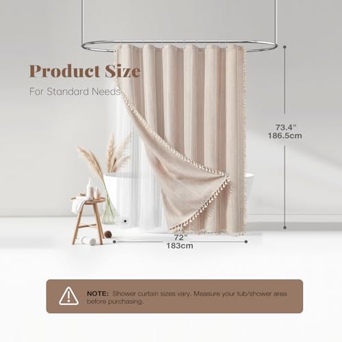 BTTN 3 in 1 Shower Curtain with Liner, Tan Boho Linen Striped Cloth Shower Curtain Set with Plastic Hook, Farmhouse Bohemian French Country Waterproof Fabric Shower Curtain for Bathroom, Taupe, 72x72 - color: Taupe With Liner, size: 72"W x 72"L (Pack of 1