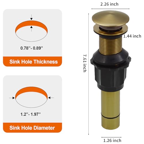 Bathroom Sink Drain Without Overflow, Antique Brass Bathroom Sink Stopper for Vanity Vessel Sink, Rapid Draining Stainless Steel Pop Up Drain with Hair Catcher Anti-Clog Strainer - color: Antique Brass