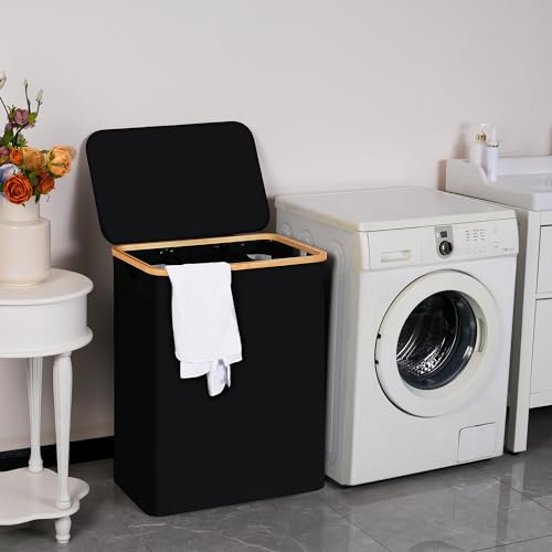 efluky Laundry Hamper with Lid, Trio Laundry Basket with 2 Removable Bags, 3 Section Laundry Bin with Bamboo Handles for Bathroom, Bedroom & Laundry Room, 160L (42.3 Gallon) Black - color: Black, size: 160L Trio