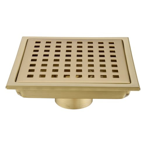 6 inch Stainless Steel Square Shower Floor Drain with Threaded Adapter, Removable Cover Grid Grate, Brushed Gold Brass Finished - color: Brushed Gold