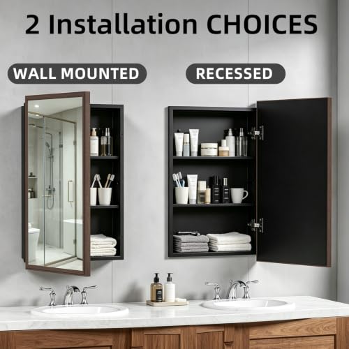 16 x 26 Recessed Medicine Cabinet Mirror with Storage,Brown Aluminum Medicine Cabinet Frame Mirror,Tempered Glass,Mount Recessed Mount Bathroom Vanity Modern Farmhouse