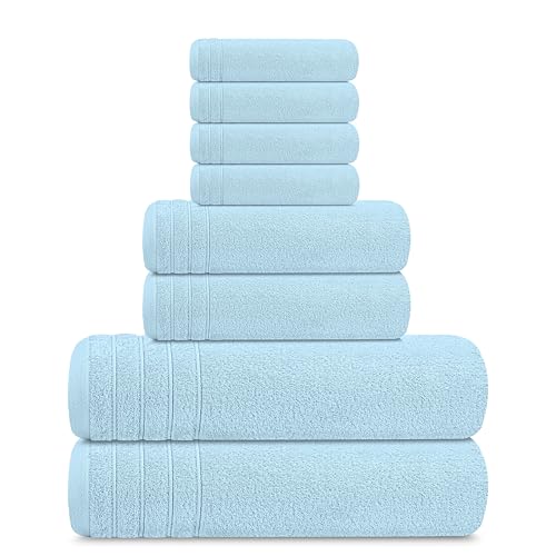 8 Piece Towel Set, 2 XL Bath, 2 Hand, 4 Washcloth, Sky Blue | 100% Cotton, Lighter Weight, Quicker to Dry, Super Absorbent, Perfect for Bathroom - color: Sky Blue