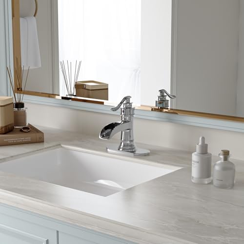 BWE Brass Chrome Waterfall Bathroom Faucet for Modern Powder Room | Wide Waterfall Spout, Ceramic Cartridge, Fits 1 or 3-Hole Sink, Single Handle, Hardware Kit Included, Not for Vessel Sink - color: Chrome