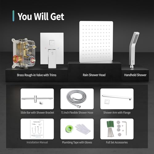 SR SUN RISE 12 Inch Slide Bar Shower System, Square Rain Shower Head and Handheld Spray, Wall Mounted Shower Faucets Sets Complete Included Valve and Shower Trim Kit, Polished Chrome | Rain Head and Handle System,16" Adjustable Shower Slide Bar,Soild Bras