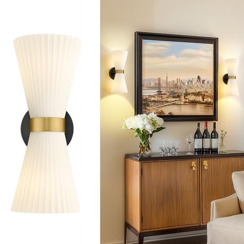 Wall Sconces Set of Two, HWH 14.3 Inch Black and Gold Bathroom Sconces with Frosted Milk White Striped Glass, Up Down Modern Wall Light fixtures for Living Room Bedroom, 5HZG97B-2W-2PK BK+BG - color: Black and Gold, size: 2-Light*2