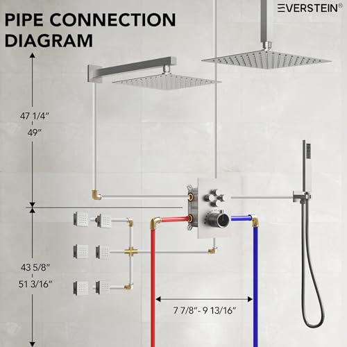 12" High-Pressure Rainfall Shower Faucet with Valve for Bathroom, Dual Rainfall Shower Head System with 6 Body Jets, Rough in-Valve (Brushed Nickel) | High-Pressure, Dual 12" Rainfall Shower Head System, 6 Body Jets, Rough in-Valve - color: Brushed Nickel