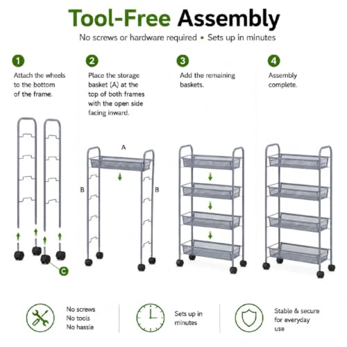 American Dream Matte Grey 4-Tier Mesh Basket Rolling Cart with Wheels Slim Metal Storage Organizer Trolley, 22.4" x 7.3" x 37.4" - color: Gray