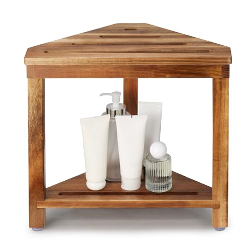 Acacia Wood Shower Stool for Shaving Legs, Corner Bath Shower Bench | Shower Foot Rest with Storage Shelf for Inside Small Shower Spaces, Waterproof Shower Foot Stool for Inside Shower