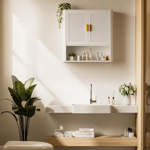 Bathroom Wall Cabinet, Wall-Mounted Medicine Cabinet with Adjustable Wood Shelf & Doors, Floating Bathroom Cabinet Over Toilet for Laundry Room & Kitchen & Living Room (White) - color: White