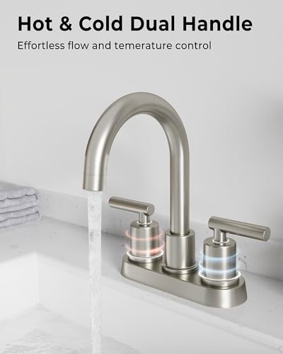 VXV Bathroom Sink Faucet 4 Inch 2 Handle Centerset Modern 360 Rotating Brushed Nickel Water Faucet with Pop-up Drain Stopper Assembly Supply Line Fits 2 Hole - color: Brushed Nickel