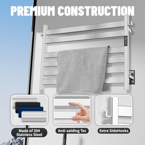K&KALONZO Towel Warmer for Bathroom, Wall-Mounted 6-Bar Heated Towel Rack with Built-in Timer, Waterproof Electric Towel Heater, Support Plug-in and Hardwired, Polished, EL18M