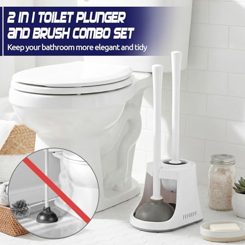 Reallnaive 4 Set Toilet Plunger and Brush Set with Ventilated Holder 2 in 1 Toilet Bowl Brush and Heavy Duty Plunger Combo Bathroom Cleaning Kit for Home and Commercial Bathrooms Drainage(White) - color: White