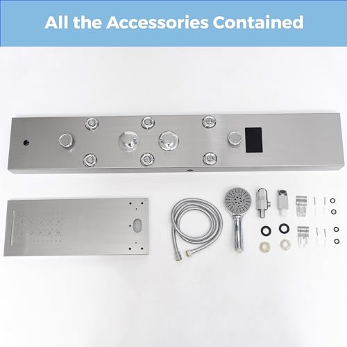 DELAVIN LED Stainless Steel Shower Tower, 5-Function Shower Panel Tower | Temperature Display, Rainfall Waterfall Shower, Massage Jets, Tub Spout, for Renovation, New Builds, Rentals & Contractors - style: 8 Body Jets With LED
