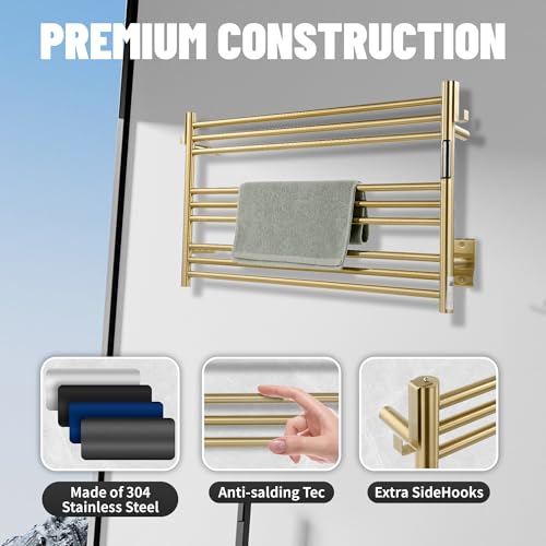 K&KALONZO Wall-Mounted 9-Bar Heated Towel Rack, Fast Heat in 2 Min, NTC Safety | 4 Timers & 3 Heat Levels Control, Plug-In/Hardwired, Top Hooks, Memory Function, Anti-Scald, Stainless Steel, EL13MG - color: Brushed Gold, size: H 19.7 x W 31.5