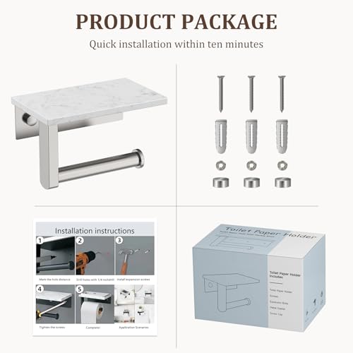 BWE Brushed Nickel Toilet Paper Holder with Marble Shelf Wall Mounted | Toilet Paper Roll Holder with Phone Shelf 304 Stainless Steel Tissue Holder for Bathroom Washroom,Saving Space - color: Brushed Nickel
