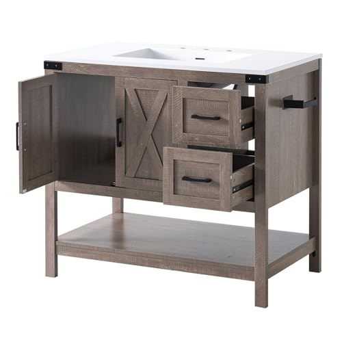 AMERLIFE 36" Gray Farmhouse Bathroom Vanity with Sink and 2 Drawers | Light Gray, Single Solid White Integrated Top, Moisture-Resistant MDF, 2 X-Panel Doors, 2 Drawers, Open Shelf, Towel Holder - color: Light Gray, size: 36”