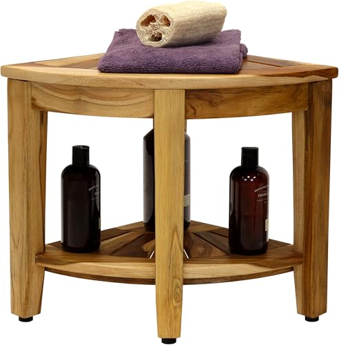 AquaTeak Kai Clear-Shield Corner 15.5" Teak Shower Bench | Durable, Water-Resistant Teak, Shower Chair & Shaving Foot Rest, Indoor/Outdoor Use - size: Clear Shield, style: Corner Stool With Shelf