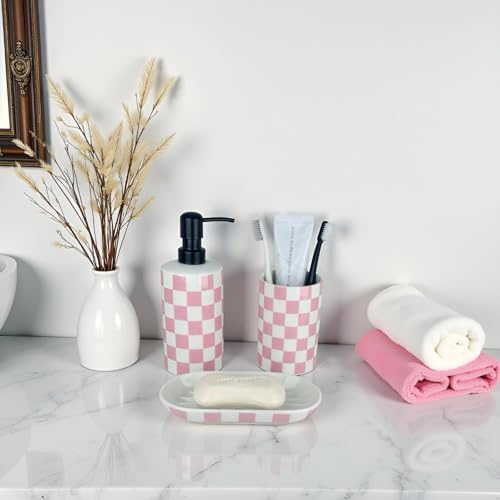 Pink Bathroom Toothbrush holder set, Cute Ceramic Bathroom Accessories, Includes Hand Soap Dispenser, Tooth Brush Holder, and Soap Dish, Funny Bathroom Accessories sets for Girls Woman Guest Bathrooms - color: Girly Pink