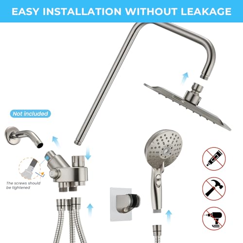 Dual Shower Head Combo, 8'' High Pressure Rain Shower Head with Handheld Spray, 6+1 Spray Settings Handheld Showerhead, Height Adjustable, One-touch Pause Button, Brushed Nickel - color: Brushed Nickel