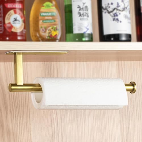 Paper Towel Holder Under Cabinet No Drilling, Self Adhesive Paper Towel Holder Wall Mount for Kitchen Rack, Under Counter Napin Holder No Drill, RV, 304 Stainless Steel, Gold Brass - color: Gold