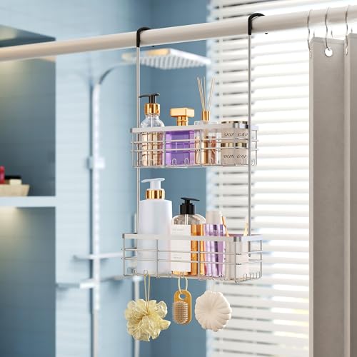 HapiRm Hanging Shower Caddy Organizer - No Drilling Shower Organizer with Hooks, Rustproof & Waterproof 304 Stainless Steel Bathroom Shelves - Silver - color: Silver
