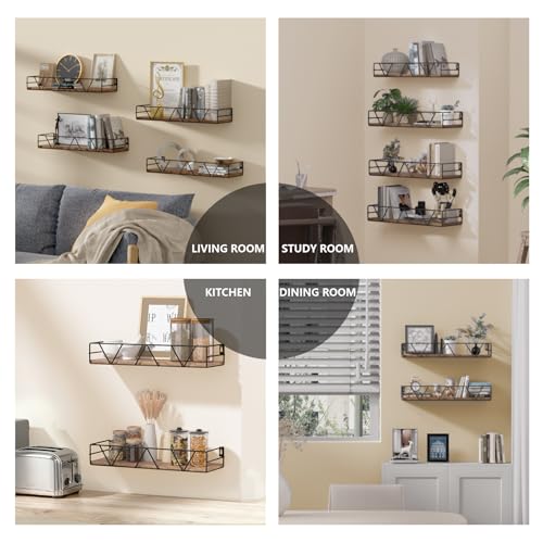 Floating Shelves Set of 4, Wood Wall Shelf, Farmhouse Shelf for Bedroom | Wall Mounted Floating Shelf for Living Room, Bedroom, Bathroom, Kitchen, Office - color: Brown-4pcs