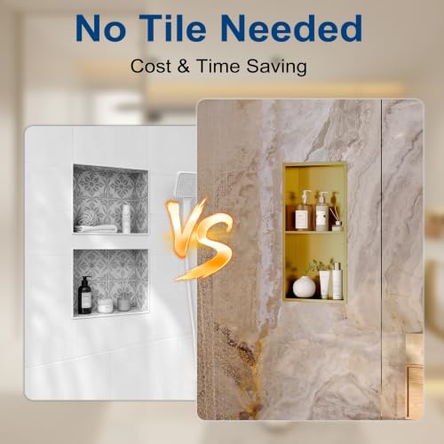 Qeke 12" x 24" Stainless Steel Shower Niche w/Double Shelves, Brushed Golden - color: Brushed Golden, size: 12X24"